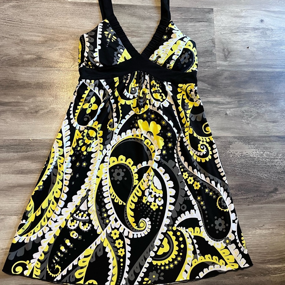 La Belle Black and Yellow Paisley Mini Dress